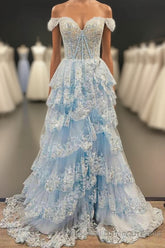 Light Blue Corset Lace Tiered Tulle Long Semi Formal Prom Dress